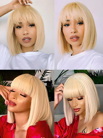 Blonde bob wig with bangs human hair