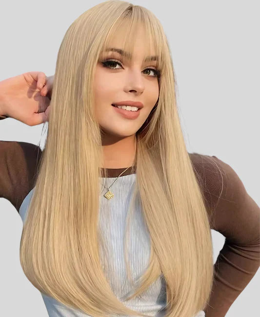 Blonde wig with bangs human hair