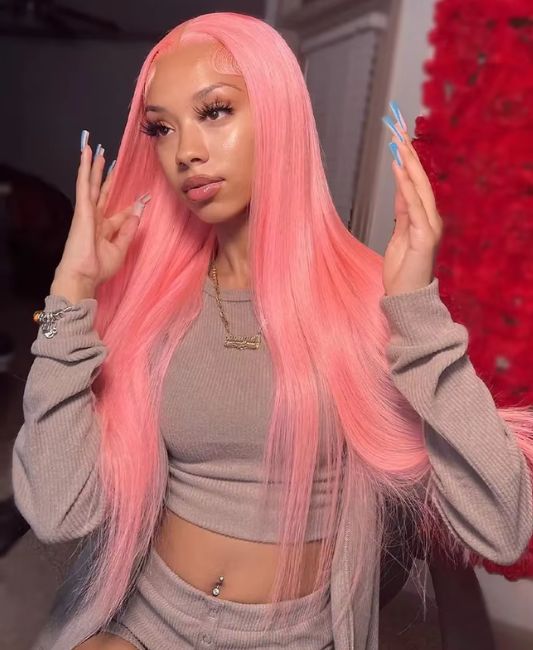 Pink lace front wig human hair